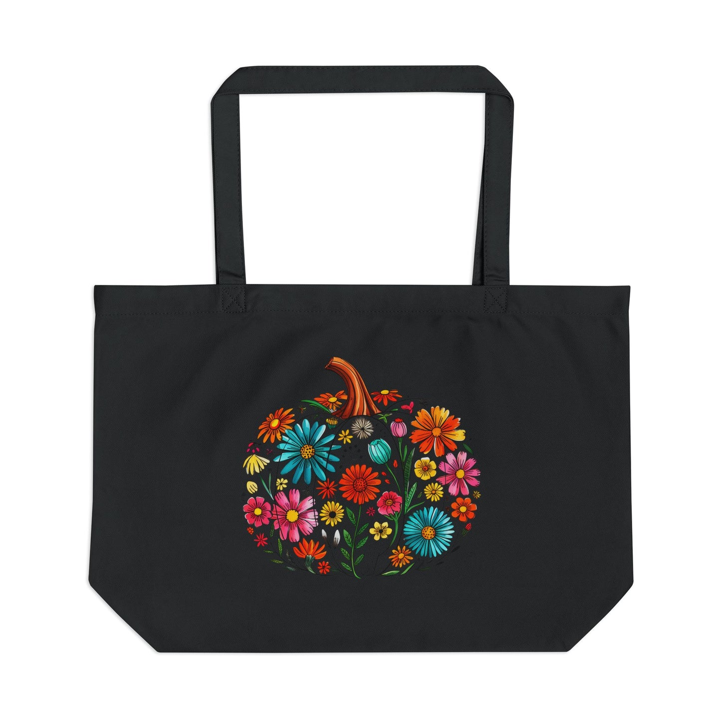 Large Eco Tote with Floral Pumpkin & Day of the Dead Designs | Reusable Shopping Bag, Fall Tote, Eco-Friendly Gift, Bohemian Style