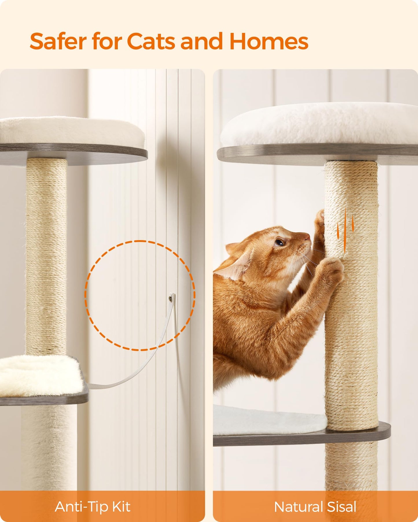 Feandrea WoodyWonders Cat Tree, 65-Inch Modern Cat Tower for Indoor Cats, Multi-Level Cat Condo with 5 Scratching Posts, Perch, Washable Removable Cushions, Cat Furniture, Rustic Brown UPCT166X01