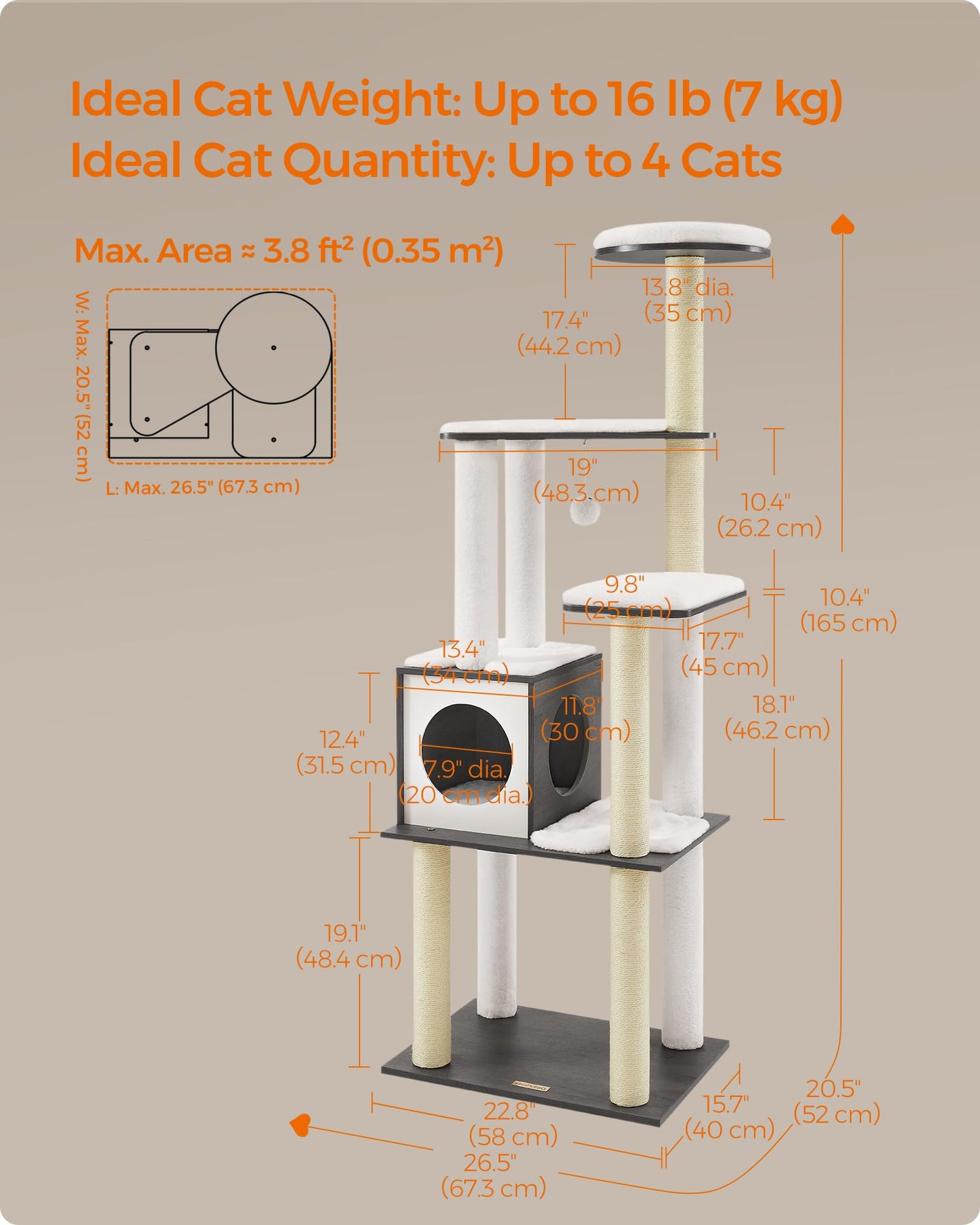 Feandrea WoodyWonders Cat Tree, 65-Inch Modern Cat Tower for Indoor Cats, Multi-Level Cat Condo with 5 Scratching Posts, Perch, Washable Removable Cushions, Cat Furniture, Rustic Brown UPCT166X01