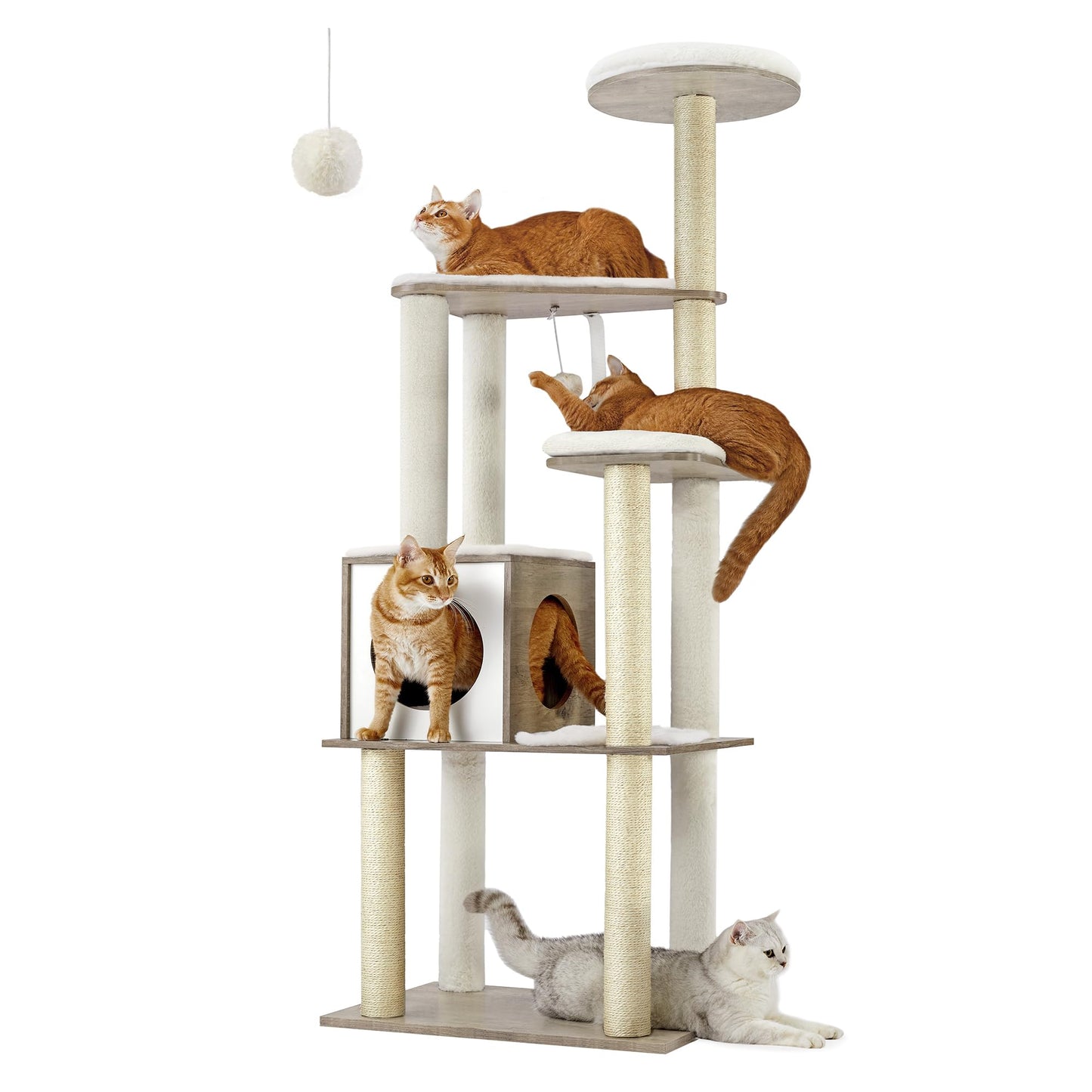 Feandrea WoodyWonders Cat Tree, 65-Inch Modern Cat Tower for Indoor Cats, Multi-Level Cat Condo with 5 Scratching Posts, Perch, Washable Removable Cushions, Cat Furniture, Rustic Brown UPCT166X01