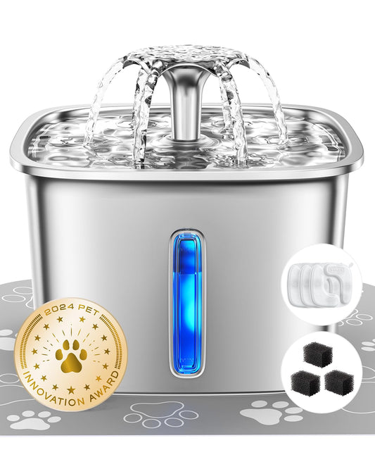 Veken Innovation Award Winner Stainless Steel Cat Water Fountain, 95oz/2.8L Automatic Pet Fountain Dog Water Dispenser with Replacement Filters & Silicone Mat for Cats, Dogs, Multiple Pets (Silver)