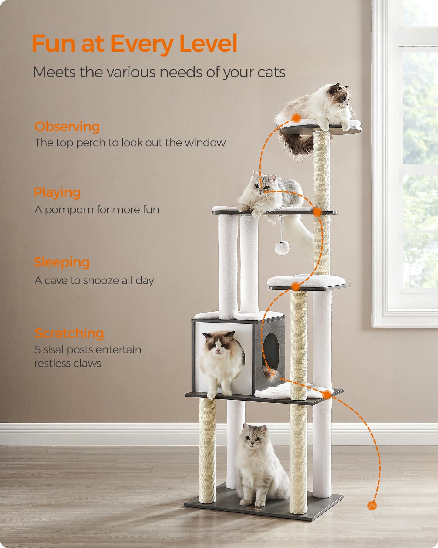 Feandrea WoodyWonders Cat Tree, 65-Inch Modern Cat Tower for Indoor Cats, Multi-Level Cat Condo with 5 Scratching Posts, Perch, Washable Removable Cushions, Cat Furniture, Rustic Brown UPCT166X01
