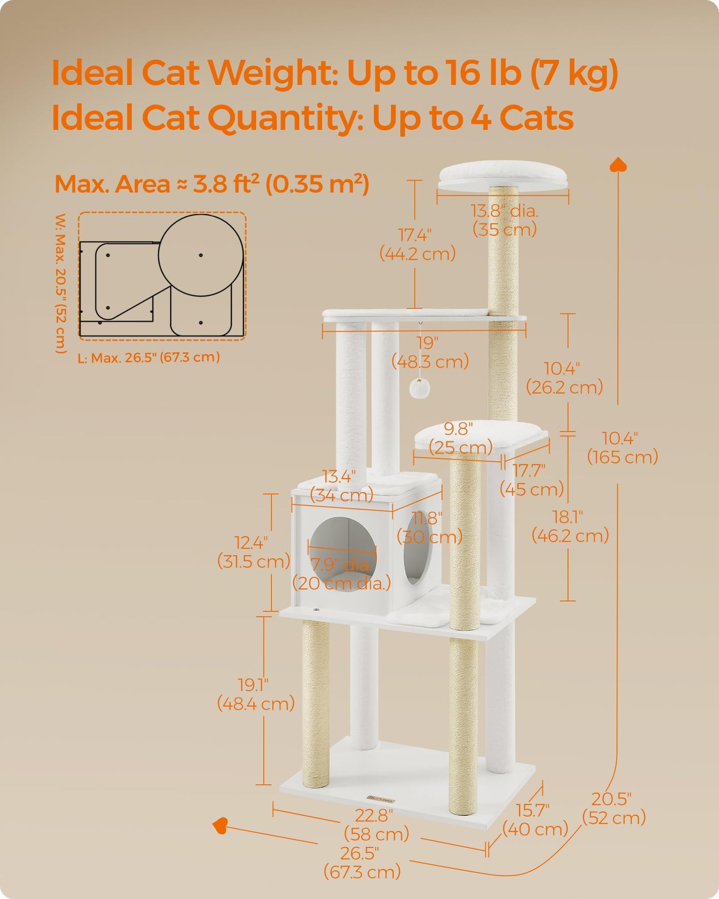 Feandrea WoodyWonders Cat Tree, 65-Inch Modern Cat Tower for Indoor Cats, Multi-Level Cat Condo with 5 Scratching Posts, Perch, Washable Removable Cushions, Cat Furniture, Rustic Brown UPCT166X01