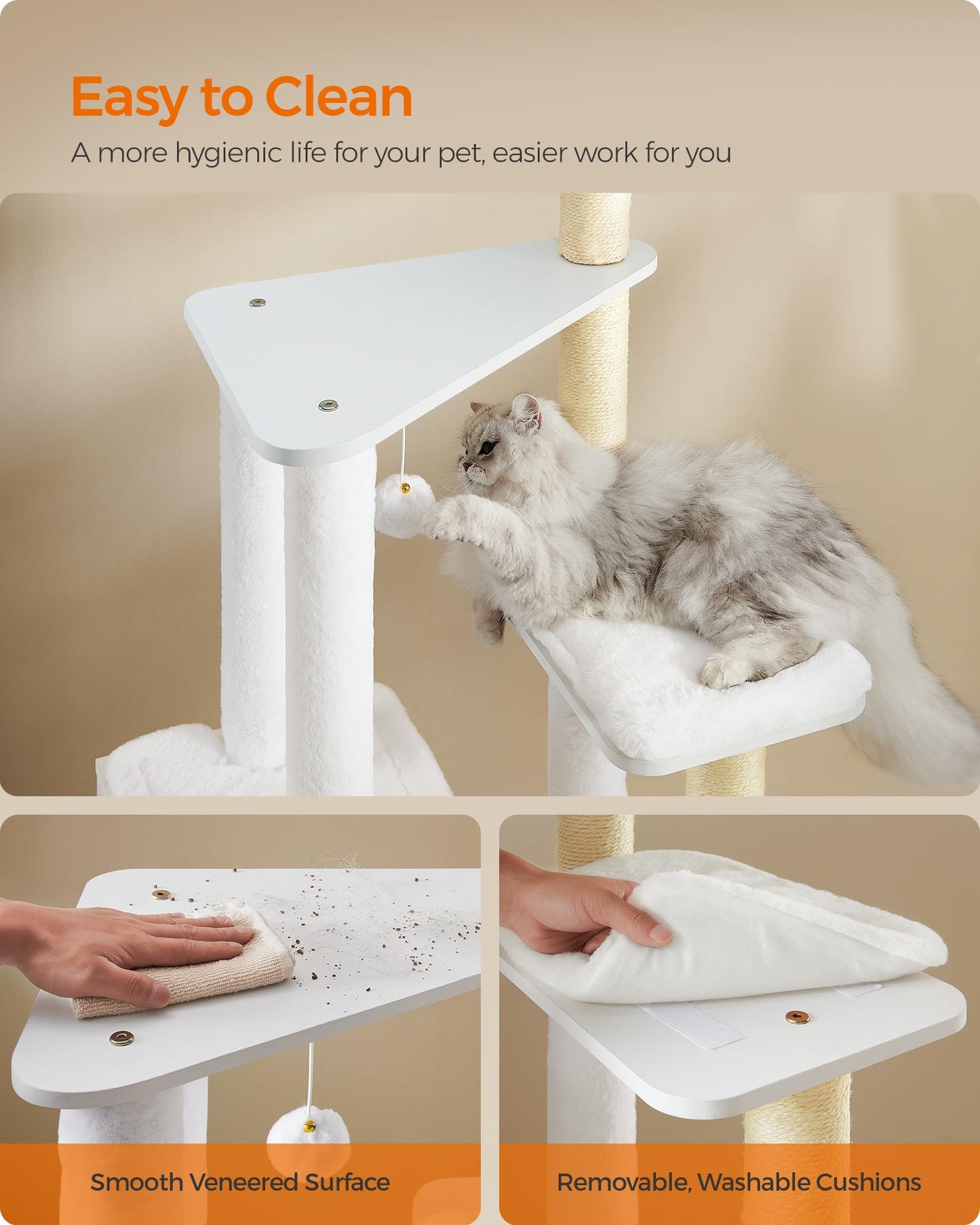 Feandrea WoodyWonders Cat Tree, 65-Inch Modern Cat Tower for Indoor Cats, Multi-Level Cat Condo with 5 Scratching Posts, Perch, Washable Removable Cushions, Cat Furniture, Rustic Brown UPCT166X01