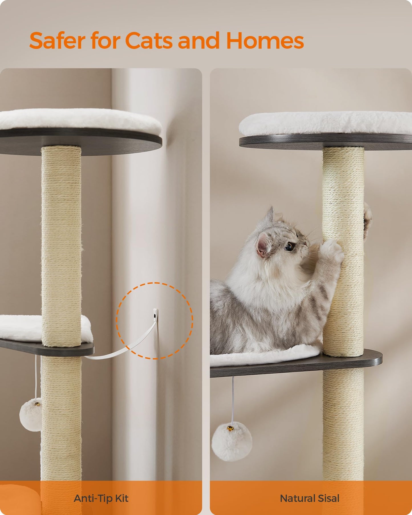 Feandrea WoodyWonders Cat Tree, 65-Inch Modern Cat Tower for Indoor Cats, Multi-Level Cat Condo with 5 Scratching Posts, Perch, Washable Removable Cushions, Cat Furniture, Rustic Brown UPCT166X01