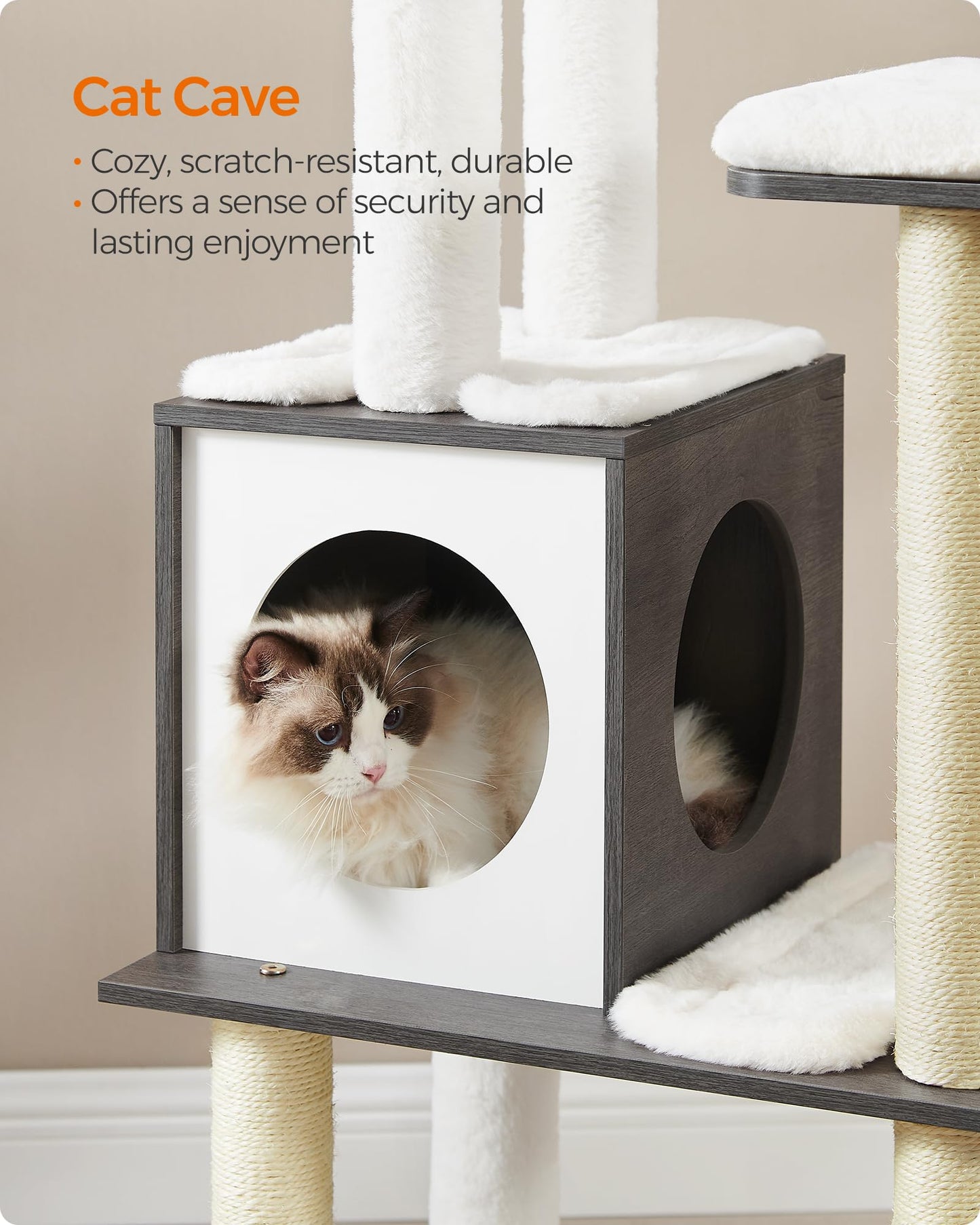 Feandrea WoodyWonders Cat Tree, 65-Inch Modern Cat Tower for Indoor Cats, Multi-Level Cat Condo with 5 Scratching Posts, Perch, Washable Removable Cushions, Cat Furniture, Rustic Brown UPCT166X01