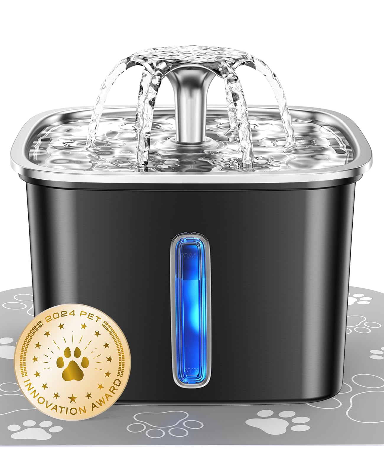 Veken Innovation Award Winner Stainless Steel Cat Water Fountain, 95oz/2.8L Automatic Pet Fountain Dog Water Dispenser with Replacement Filters & Silicone Mat for Cats, Dogs, Multiple Pets (Silver)