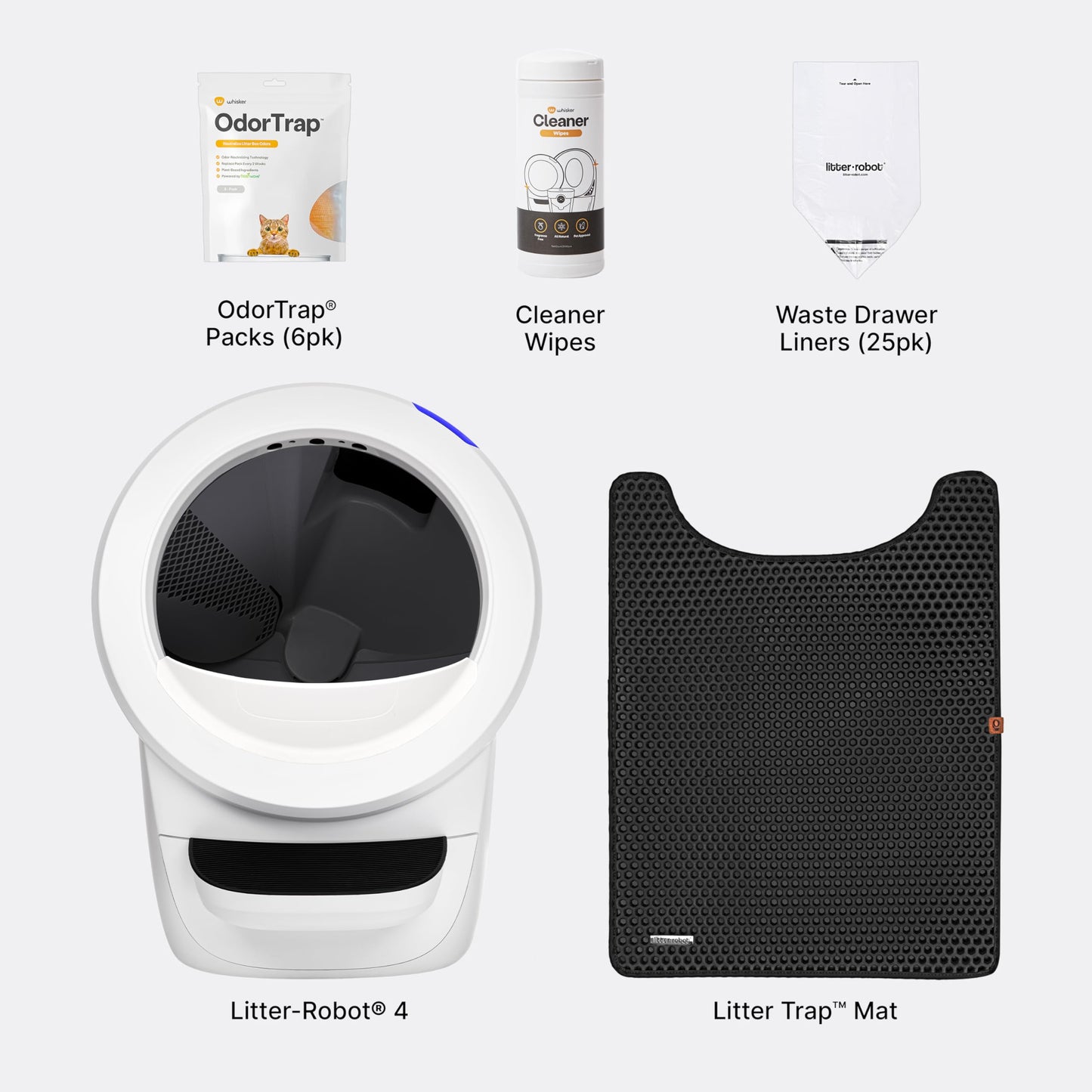 Litter-Robot 4 Core Bundle by Whisker, Black - Automatic, Self-Cleaning Cat Litter Box, Includes Litter-Robot 4, 6 OdorTrap Refills, 25 Liners, 30 Cleaner Wipes, Mat & Fence