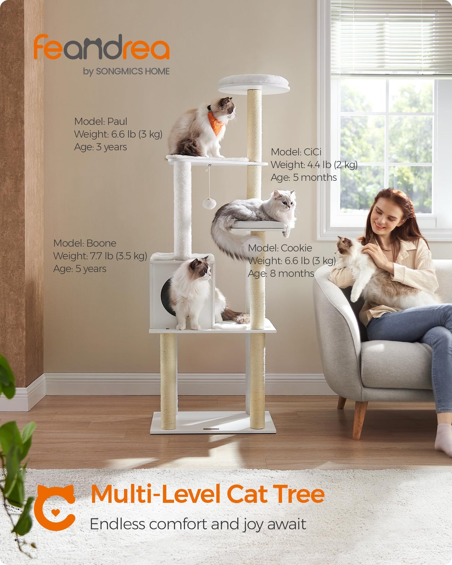 Feandrea WoodyWonders Cat Tree, 65-Inch Modern Cat Tower for Indoor Cats, Multi-Level Cat Condo with 5 Scratching Posts, Perch, Washable Removable Cushions, Cat Furniture, Rustic Brown UPCT166X01