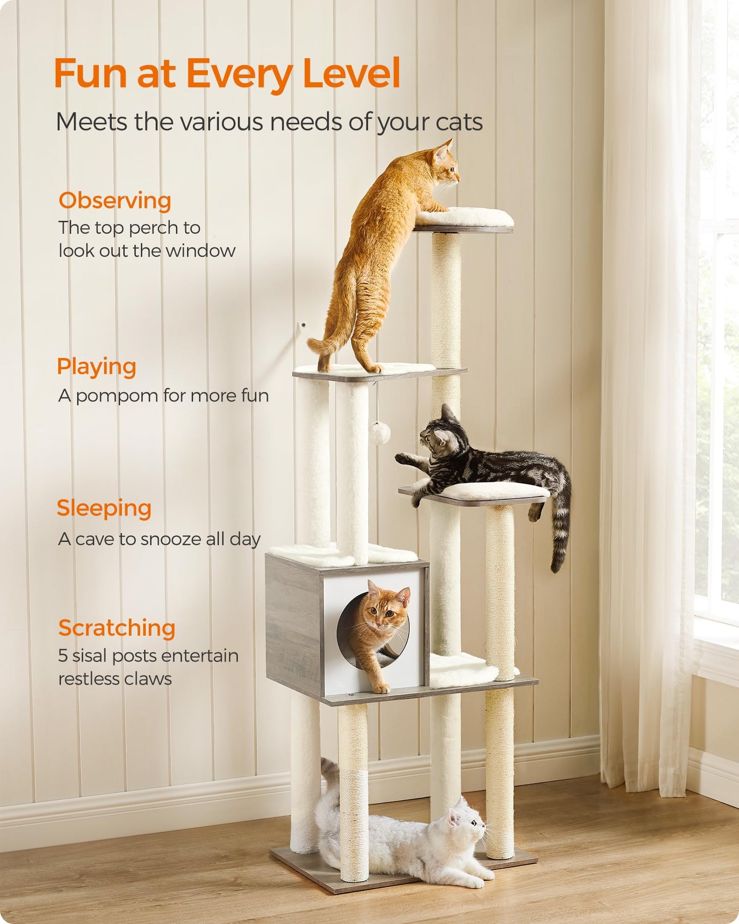 Feandrea WoodyWonders Cat Tree, 65-Inch Modern Cat Tower for Indoor Cats, Multi-Level Cat Condo with 5 Scratching Posts, Perch, Washable Removable Cushions, Cat Furniture, Rustic Brown UPCT166X01