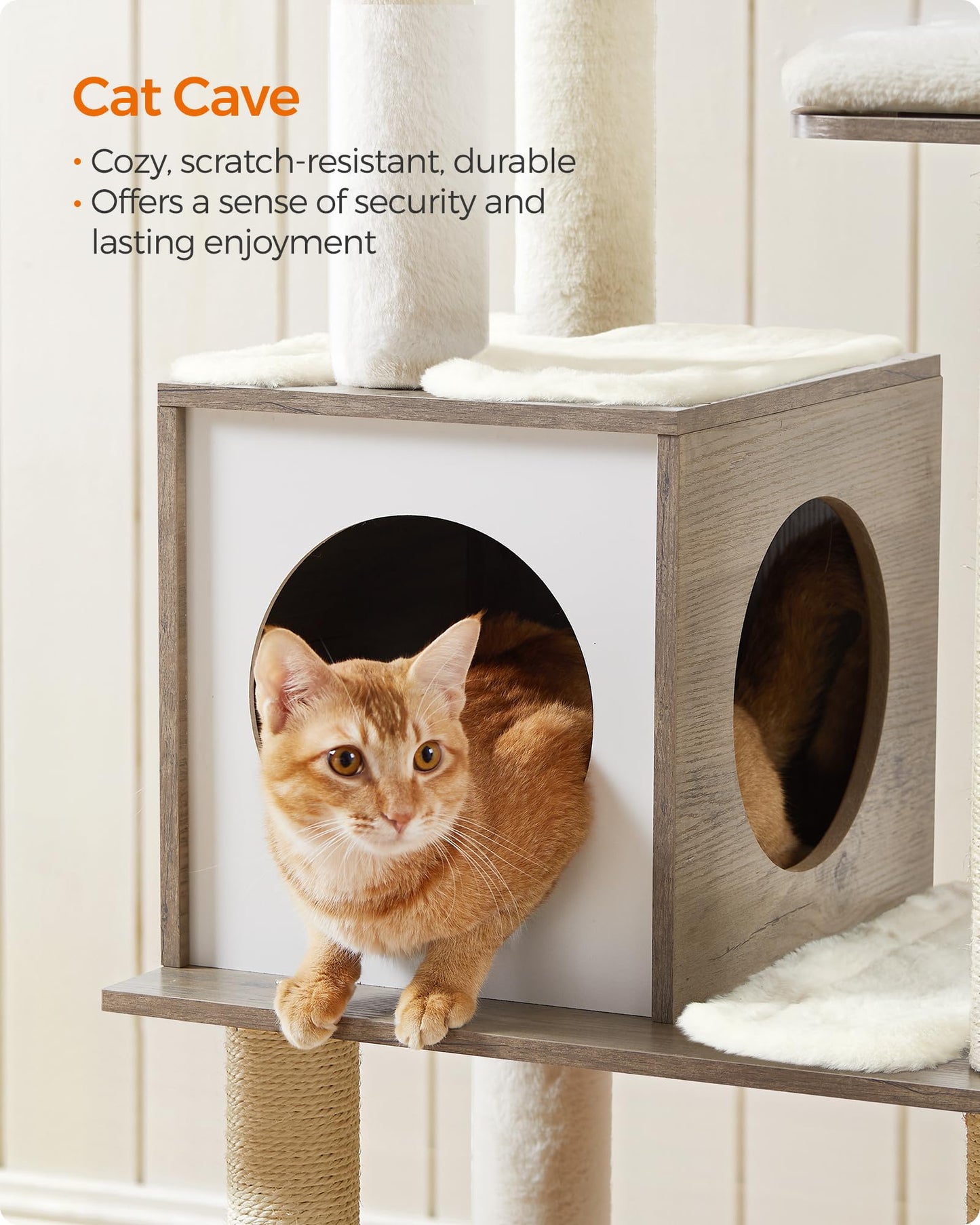 Feandrea WoodyWonders Cat Tree, 65-Inch Modern Cat Tower for Indoor Cats, Multi-Level Cat Condo with 5 Scratching Posts, Perch, Washable Removable Cushions, Cat Furniture, Rustic Brown UPCT166X01