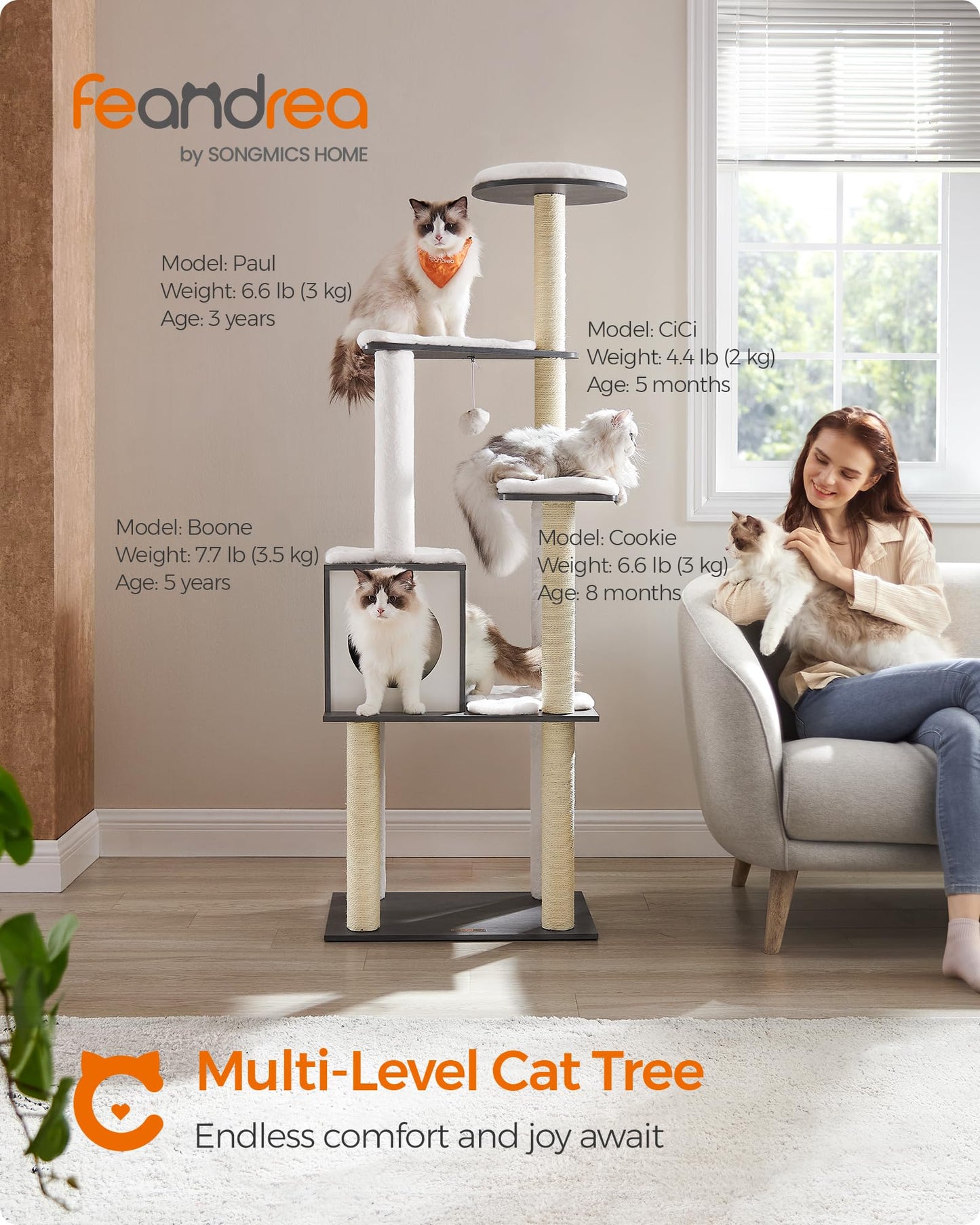 Feandrea WoodyWonders Cat Tree, 65-Inch Modern Cat Tower for Indoor Cats, Multi-Level Cat Condo with 5 Scratching Posts, Perch, Washable Removable Cushions, Cat Furniture, Rustic Brown UPCT166X01