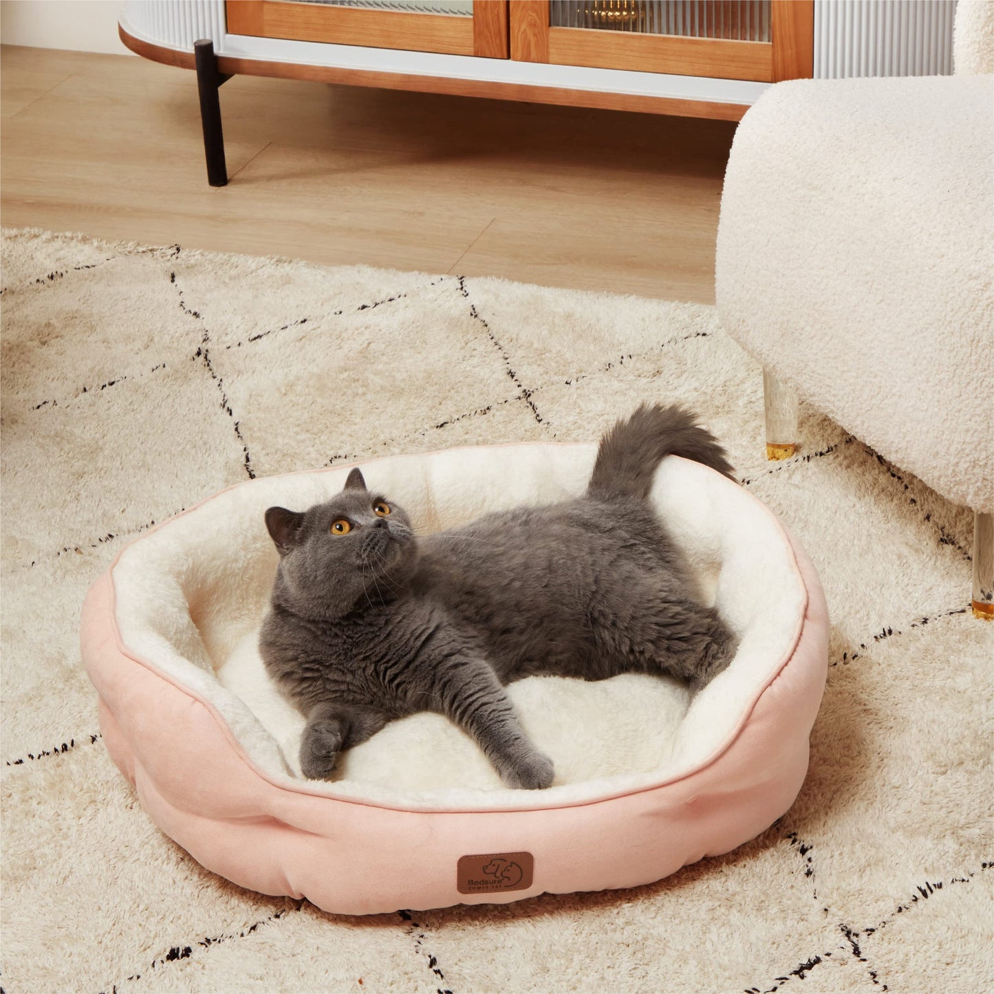 Bedsure Dog Beds for Small Dogs - Round Cat Beds for Indoor Cats, Washable Pet Bed for Puppy and Kitten with Slip-Resistant Bottom, 25 Inches, Sachet Pink