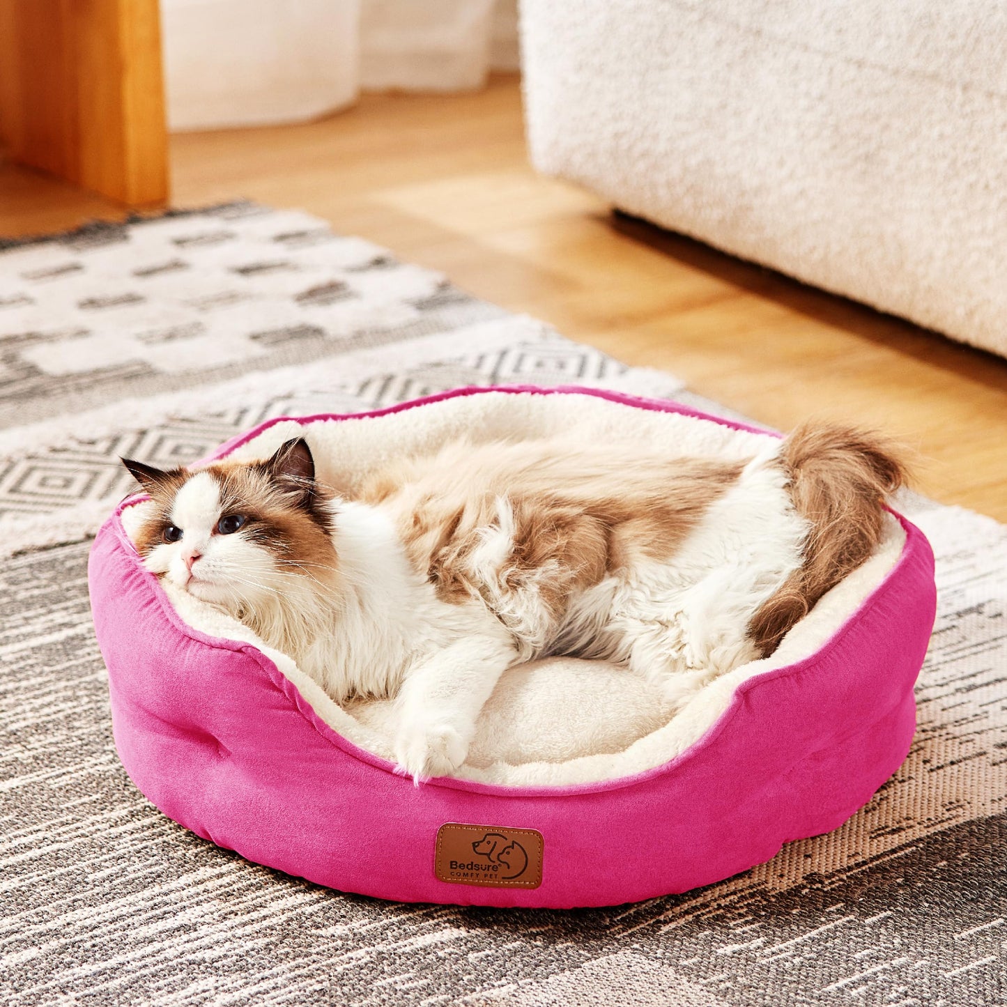 Bedsure Dog Beds for Small Dogs - Round Cat Beds for Indoor Cats, Washable Pet Bed for Puppy and Kitten with Slip-Resistant Bottom, 25 Inches, Sachet Pink