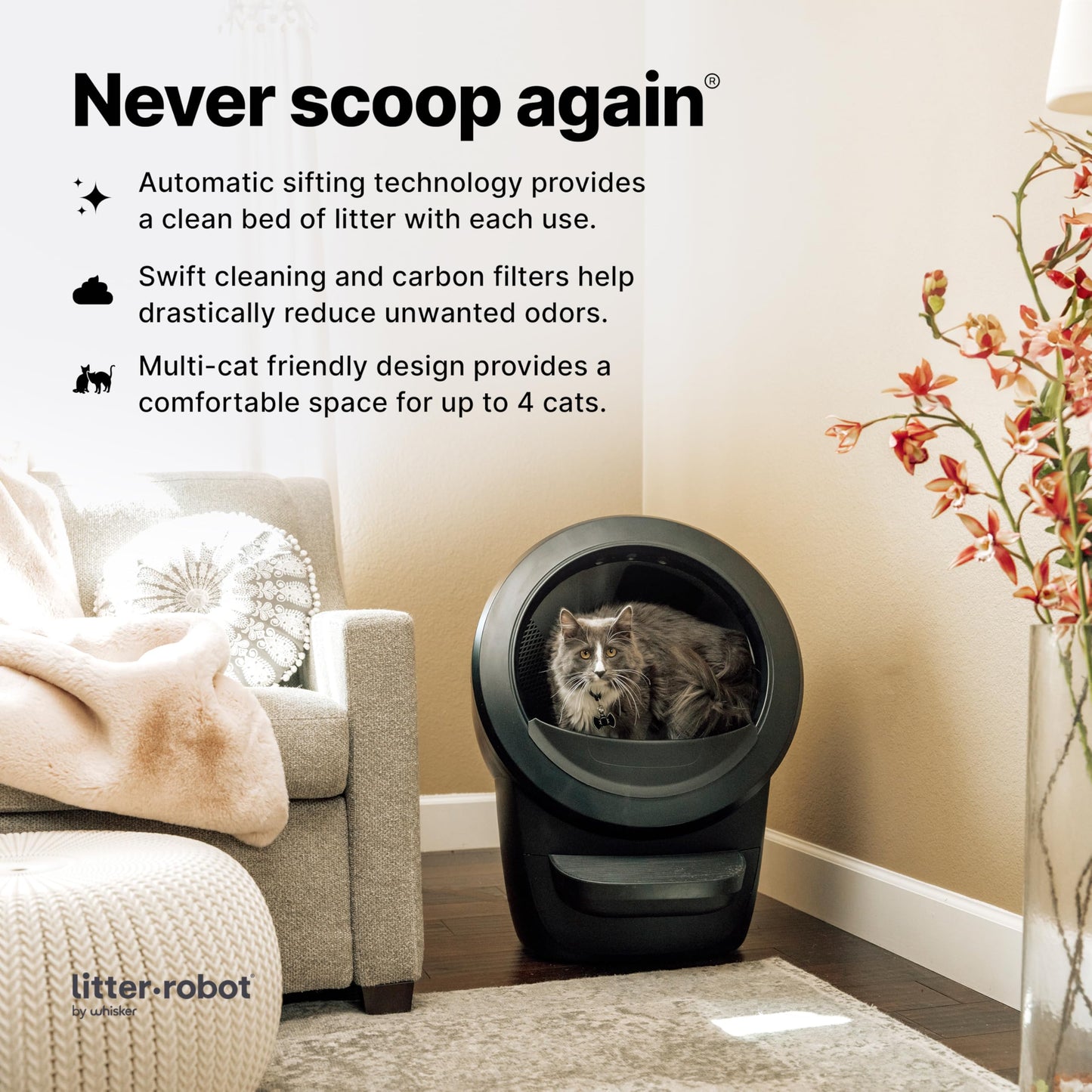 Litter-Robot 4 Core Bundle by Whisker, Black - Automatic, Self-Cleaning Cat Litter Box, Includes Litter-Robot 4, 6 OdorTrap Refills, 25 Liners, 30 Cleaner Wipes, Mat & Fence