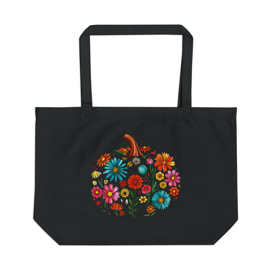 Large Eco Tote with Floral Pumpkin & Day of the Dead Designs | Reusable Shopping Bag, Fall Tote, Eco-Friendly Gift, Bohemian Style