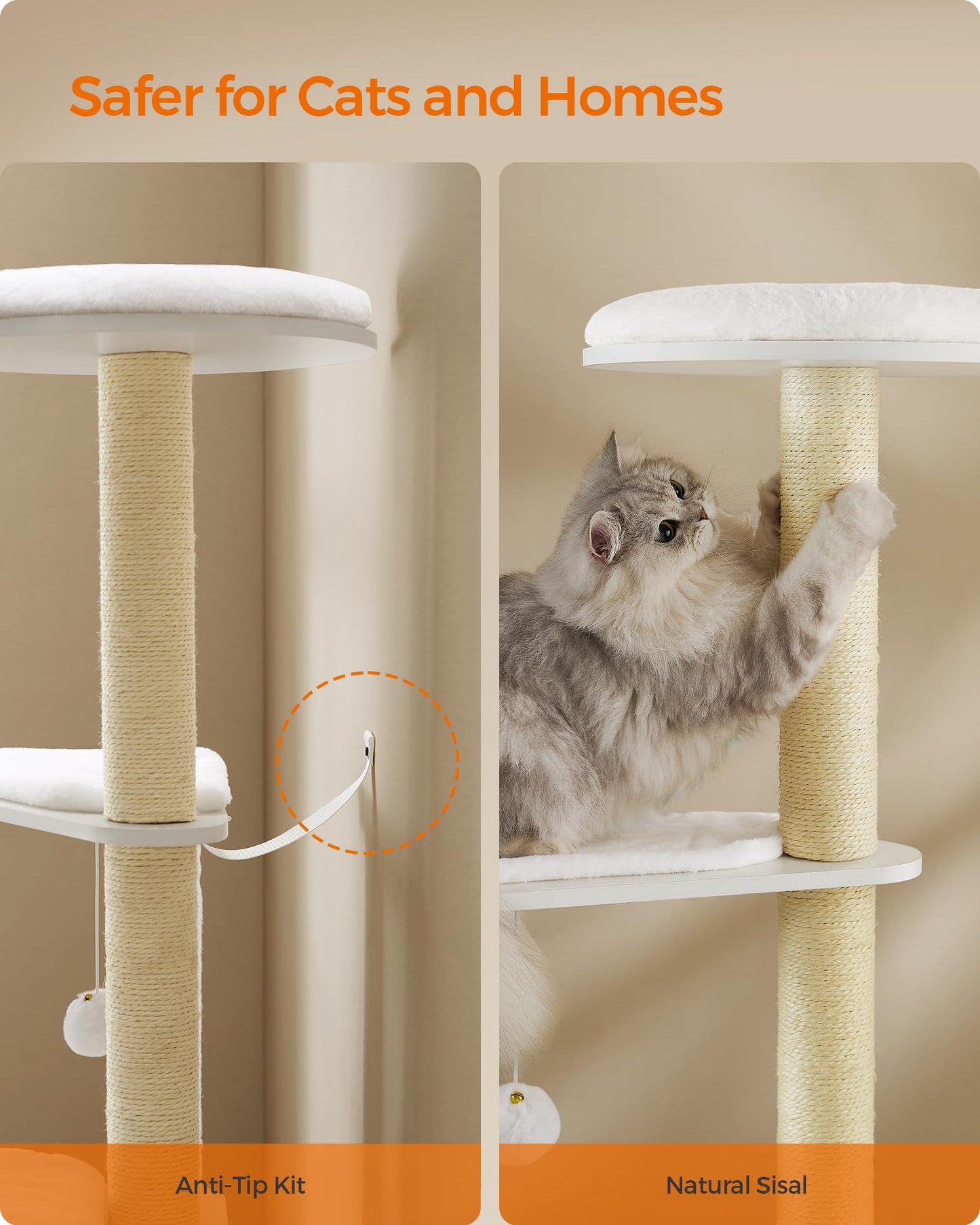 Feandrea WoodyWonders Cat Tree, 65-Inch Modern Cat Tower for Indoor Cats, Multi-Level Cat Condo with 5 Scratching Posts, Perch, Washable Removable Cushions, Cat Furniture, Rustic Brown UPCT166X01