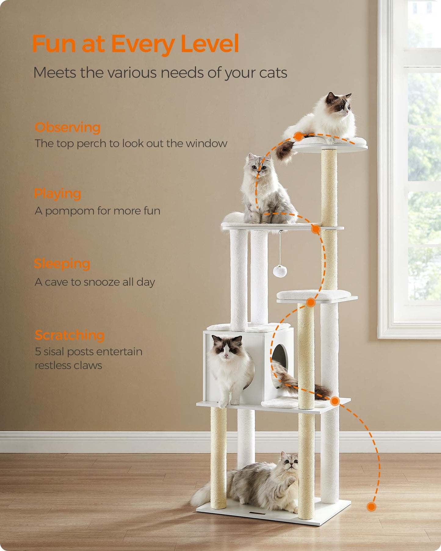 Feandrea WoodyWonders Cat Tree, 65-Inch Modern Cat Tower for Indoor Cats, Multi-Level Cat Condo with 5 Scratching Posts, Perch, Washable Removable Cushions, Cat Furniture, Rustic Brown UPCT166X01