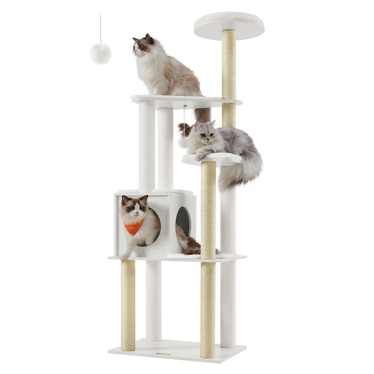 Feandrea WoodyWonders Cat Tree, 65-Inch Modern Cat Tower for Indoor Cats, Multi-Level Cat Condo with 5 Scratching Posts, Perch, Washable Removable Cushions, Cat Furniture, Rustic Brown UPCT166X01